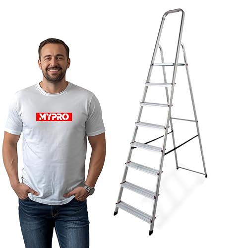 MYPRO Aluminium Step Ladder - 8 Step Folding Ladder - Non-Slip Surface Hand Rails - Heavy Duty - Anti-slip steps -Strong - Lightweight -Portable - Closed Height 2400 mm Platform Height 1620 mm