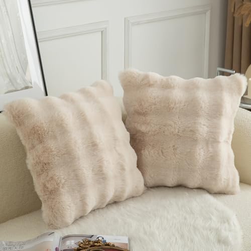 Image of MANDIOO Pack of 2 Thick Plush Wool Decorative Throw Pillow Covers Super Soft Wave Bubble Fur Velvet Cushion Covers Pillow Shams for Couch Bed Living Room 16x16 Inch Beige