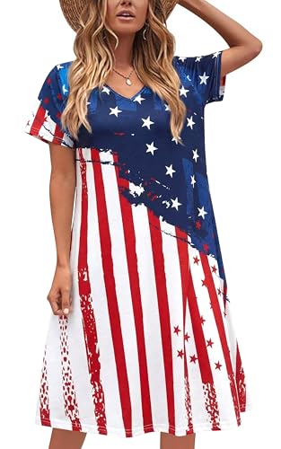 Image of LUKYCILD American Flag Dress Women 4th of July Patriotic Shirt USA Stars Stripes Dresses Sexy V- Neck Summer Sundress