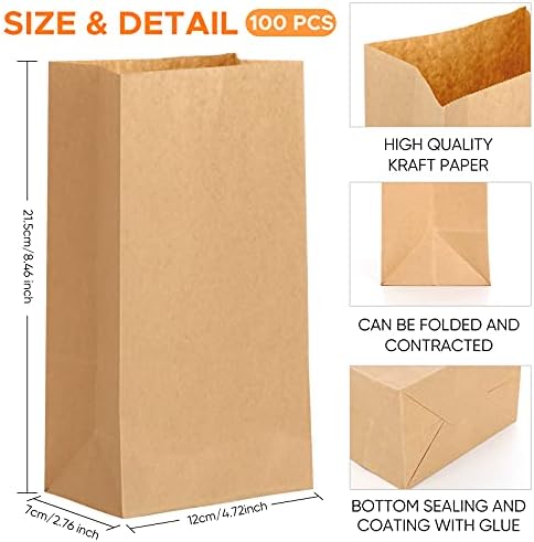100 pieces Brown Paper Bags,Paper Bags,Small Paper Bags for Groceries,Snacks,Sweets,Birthdays,Christmas Parties and Weddings(12×7×21.5cm)