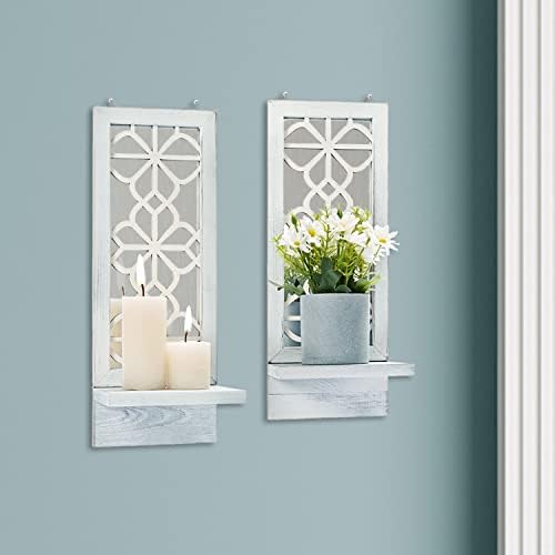 Yorkmills Candle Sconces Wall Decor Set of 2, Wall Candle Holder Rustic Home Decor, Farmhouse Wall Art Floating Mirror Sconces White Wall Decorations for Living Room, Dining Room, Bedroom, Bathroom