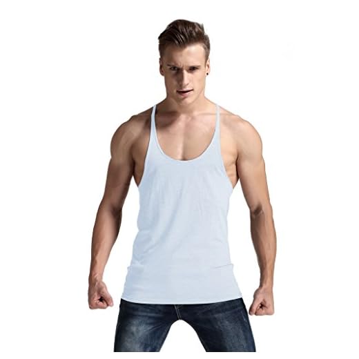 YAKER Men's Athletic Shirts Stringer Y Back Gym Tank Tops White Large