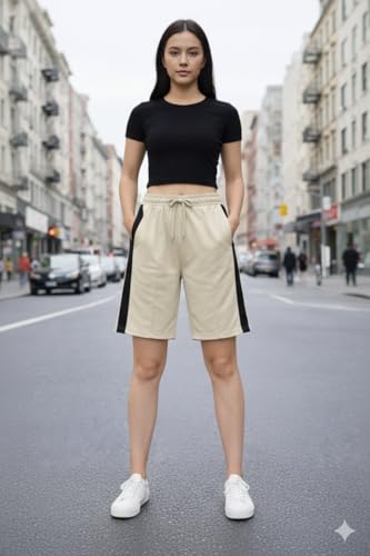 Image of Mack Jonney Women Cotton Knee Length Shorts | Soft Breathable Fabric | Elastic Waist with Drawstring | Side Stripe Casual Gym Workout Shorts for Women
