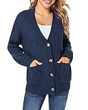 Fuinloth Women's Cardigan Sweater, Oversized Chunky Knit Button Closure with Pockets Navy Blue Small