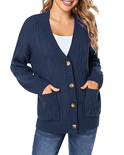 Fuinloth Women's Cardigan Sweater, Oversized Chunky Knit Button Closure with Pockets Navy Blue Small