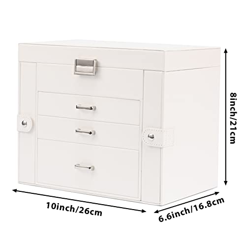 Dqutar Jewelry Box For Women 4-Layer Leather Large Jewelry Organizer Box With Drawers&Mirror For Necklace/Ring/Earring/Watch Storage (White) #TOP3