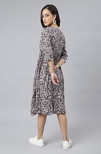 Image of Janasya Women's Cotton Floral Print Angrakha Dress