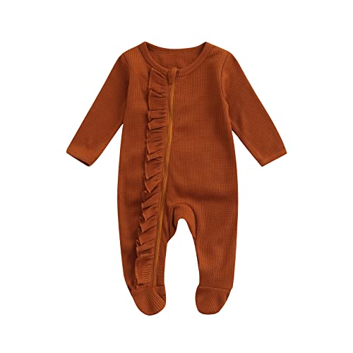 Newborn Baby Girl Footie Waffle Knit Romper Zippers Ruffle Jumpsuit Fall Winter Clothes