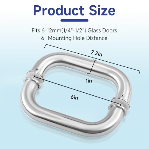 Image of 6'' (CTC) Shower Door Handle Fits 1 /4 inch to 1 /2 inch Thick Glass, Brushed Nickel | 304 Stainless Steel Back to Back Shower Door Replacement Handles for Sliding, Frameless Glass Shower Doors Pull Handle