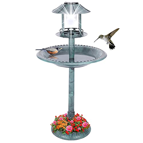 MUMTOP Baño de resina para pájaros al aire libre, pedestal solar para pájaros, decoración con base de maceta de jardín, comedero ligero para pájaros para jardín y patio exterior, verde Cover