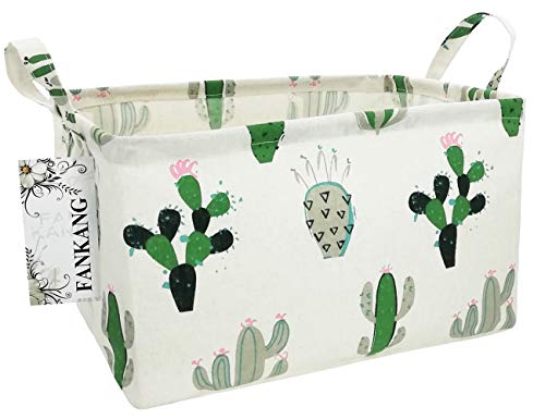 FANKANG Storage Basket,Nursery Hamper Canvas Laundry Basket Foldable with Waterproof PE Coating Storage, Office, Bedroom, Clothes,Toys (L, Rec-Cactus)