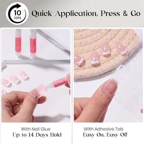 Image of Beetles Brown French Tip Press on Nails Short Square, 64 PCS Nude Fake Nails with Nail Glue & Adhesive Tabs, Glossy Reusable False Nails Kit, 16 Sizes DIY Home Salon Manicure for Women Girls