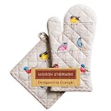 Maison d' Hermine 100% Cotton Oven Mitt & Pot Holder Set (7.5"x13" & 8"x8") | Heat Resistant BBQ Cooking Gloves with Loop Baking Grilling Kitchen Hotel Home Farmhouse Spring Summer - Birdies on Wire