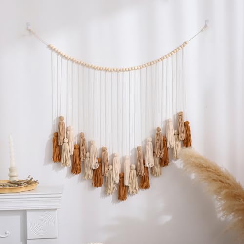 Perseverance Trade Boho Macrame Wall Hanging Decor Khaki & Beige Tassels Garland Wall Hanging with Wooden Beads for Boys Nursery Bedroom Gift Party Living Room Neutral Home Decor Aesthetic