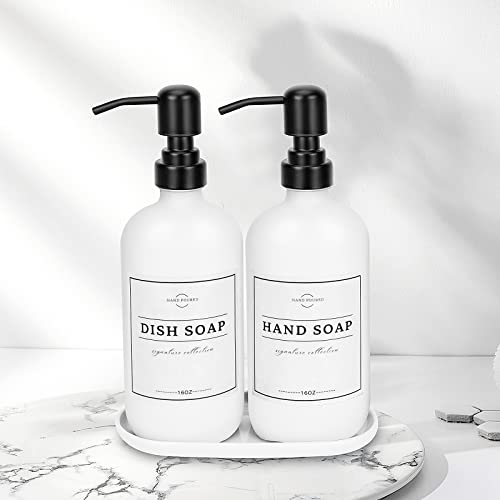 Glass Soap Dispenser With Pump And Tray - Hand Dish Soap Dispenser Bottles For Hand Soap, Dish Soap, Lotion - Vintage Soap Dispenser Bathroom And Kitchen Sink Set (White Bottles; Black Pumps) #TOP1