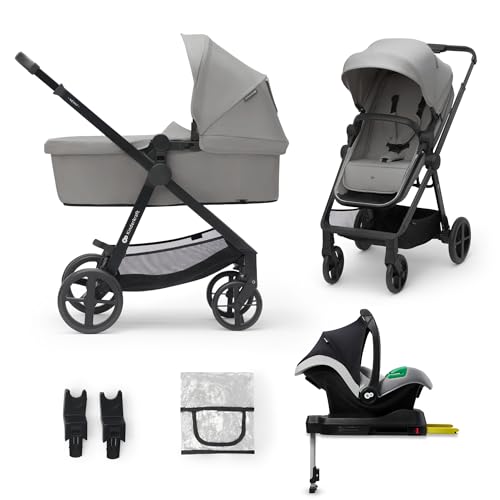 Kinderkraft NEWLY Kinderwagen 4 in 1, Komplettset bis 22 kg, Leicht Kombikinderwagen mit Babyschale Regenschutz Fußsack, wasserfestes Verdeck mit UPF50+, Zusammenklappen, Liegeposition, Schwarz