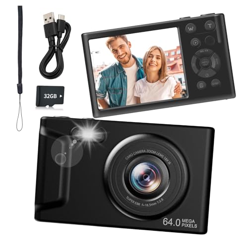 Image of Digital Camera, FHD 4K Camera with 32GB Card, Lanyard, 16X Zoom Anti Shake, 64MP Compact Portable Small Point Shoot Camera Gift for Student Children Teen (White Grey)