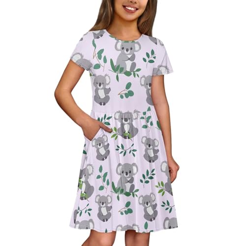 Girls Dress with Pockets Basic Short Sleeve High Waist Swing Skater Dress School Party Dress for Kids2