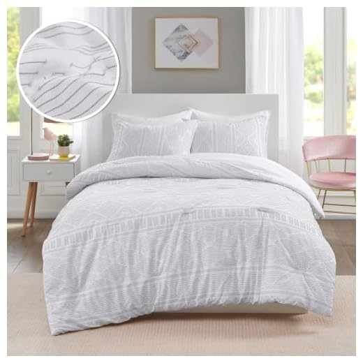 Comfort Spaces 100% Cotton Comforter Set Clipped Jacquard Geometric Mid Century Design, Down Alternative, All Season Modern Bedding, Matching Shams, Twin/Twin XL, Albany, Grey 3 Piece