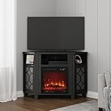 RoyalCraft Corner Fireplace TV Stand for TVs up to 55'', Small Entertainment Center with Storage, Modern Wood Texture TV Console Table TV Stand for Living Room, Bedroom, Apartment, Black