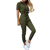 Angel ZYJ Damen Jumpsuit Lang V Ausschnitt Overall Sommer Kurzarm Einteiler Elegant mit Gürtel Casual Lose Playsuit Romper (B, L)