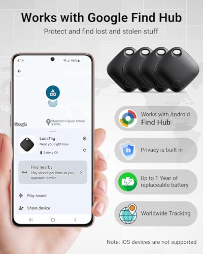 Air Tracker Tag Android Smart Tag, 4er Pack Schlüsselfinder Koffer Tracker kompatibel mit Google Mein Gerät Finden APP (Android NUR), Bluetooth Key Finder für Gepäck/Taschen (Schwarz)