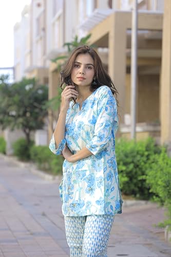 Image of Pure Cotton Printed Night Suit Top and Pyjama Set for Women's Night Dress of Shirt & Pyjama Set for Womens
