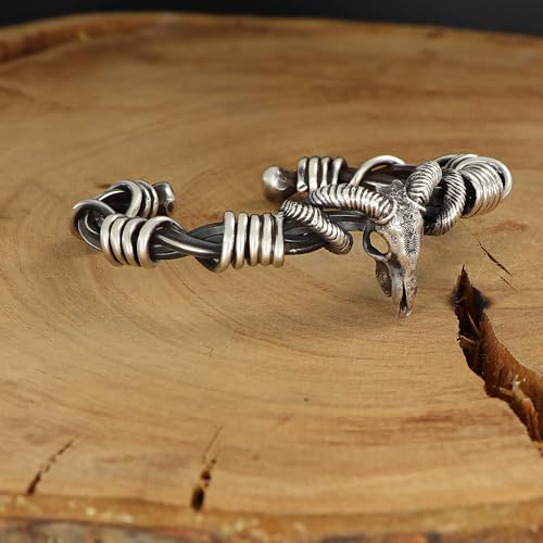 925 Sterling Silver Ram Skull Cuff Bracelet – Handmade Viking Style Open Bangle for Men – Oxidized Tribal Horned Design3