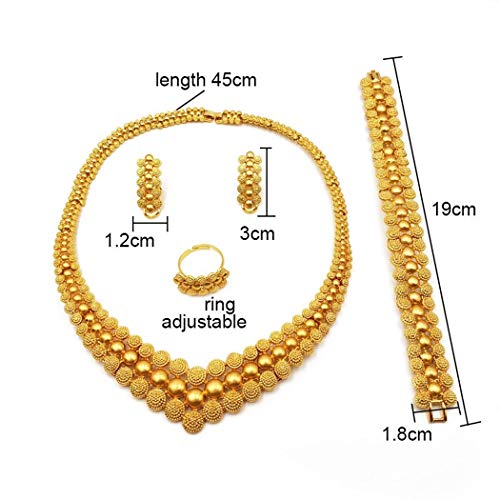 Montip Lynn 24K Gold Plated Jewelry Set Necklace Bracelet Earrings Ring Beads Bridal, Copper Alloy