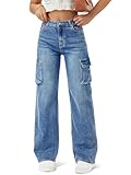 Women High Waisted Cargo Jean for Women with 6 Pockets Straight Wide Leg Jean Casual Baggy Pants Blue