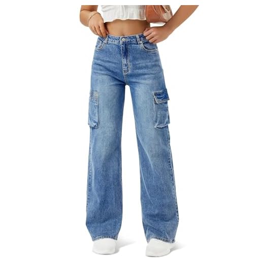 Women’s High-Waisted Wide-Leg Cargo Jeans with 6 Pockets
