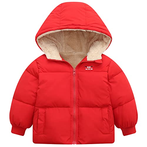 UNICOMIDEA Baby Girl Winter Jackets 2-3T Fall Hooded Toddler Coat Fashion Red Warm Baby Zipper Outerwear Size 2nd Girls Fall Comfy Long Sleeves Plush Kids Outwear With Pockets