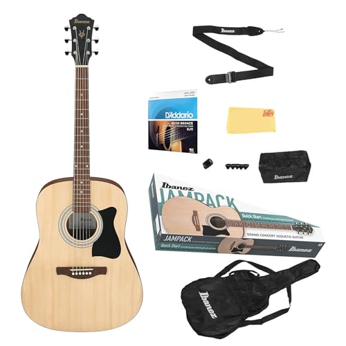Ibanez IJV50 JamPack Dreadnought Acoustic Guitar Pack - Open Pore Natural Bundle with Gig Bag Tuner Strings Pouch Strap Picks and Austin Bazaar Polishing Cloth