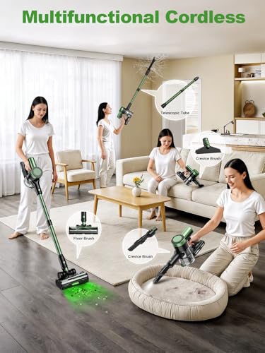 Image of Cordless Vacuum Cleaner, 58Kpa Vacuum Cleaners for Home, 55Mins Stick Vacuum with Self-Standing & LED Display, Anti-Tangle & Wall Mount Charging (Green Black)