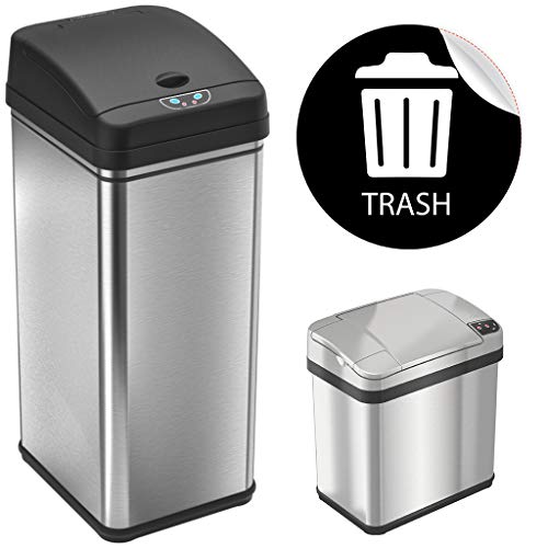 Itouchless 13 Gallon And 2.5 Gallon Automatic Touchless Sensor Kitchen Cans With Odor Control System, Includes 1 Waterproof Reusable “Trash” Vinyl Sticker, Stainless Steel/02 Gal And 03 Gal #TOP1