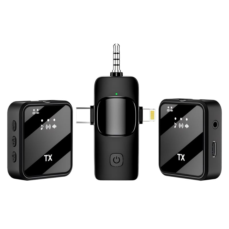 ライブストリーミング、録音、ビデオ、インタビューに最適な、デュアル送信機とノイズキャンセリング機能を備えたブラックのワイヤレスマイク