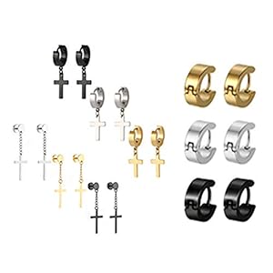 Tanmo 9 Pair/Set Fashion Men Women Stainless Steel Cross Hoop Dangle Drop Earrings Unisex Ear Buckle Jewelry