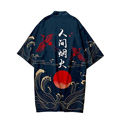 Image of HAORUN Men Japanese Kimono Coat Loose Yukata Outwear Long Bathrobe Tops Vintage
