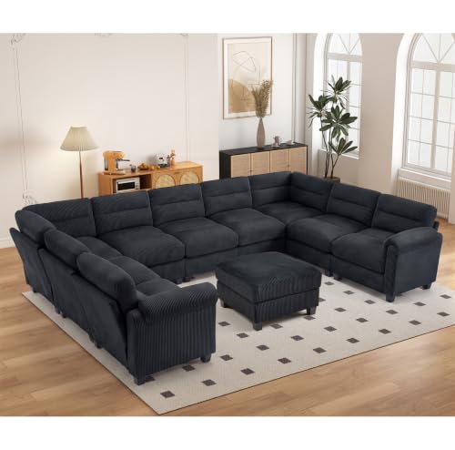 HAOMARKETS 141" Wide Modular Sectional Sofa Couch with Movable Ottoman, Oversized Corduroy U Shaped Couches with Rolled Arms, 10-Seater Corner Sofas with Reversible Chaises for Living Room, Black