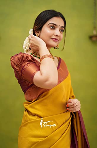 Image of Flosive Women's Present Banarasi Soft Lichi Silk Saree Beautiful Jacquard Rich Pallu Design Work Zari Woven Kanjivaram Silk Style Saree With Soft Lichi Silk Blouse Piece Ayn Royal Mix (Yellow).