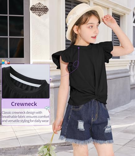 Image of Girls Ruffle Short Sleeve Blouse Twist Front Shirt Summer Crewneck Casual Tops Black 5-6 Years