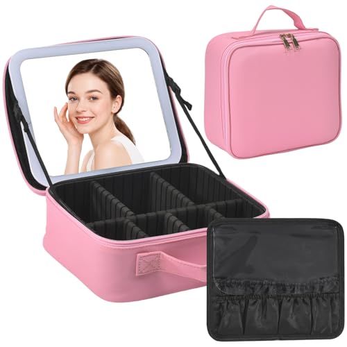Yaliang Travel Makeup Bag, Portable Makeup Case with LED Mirror, Removable Mirror with 3 Color Modes, 6 Adjustable EVA Dividers for Brushes Toiletry Jewelry Digital Accessories, Hot Pink