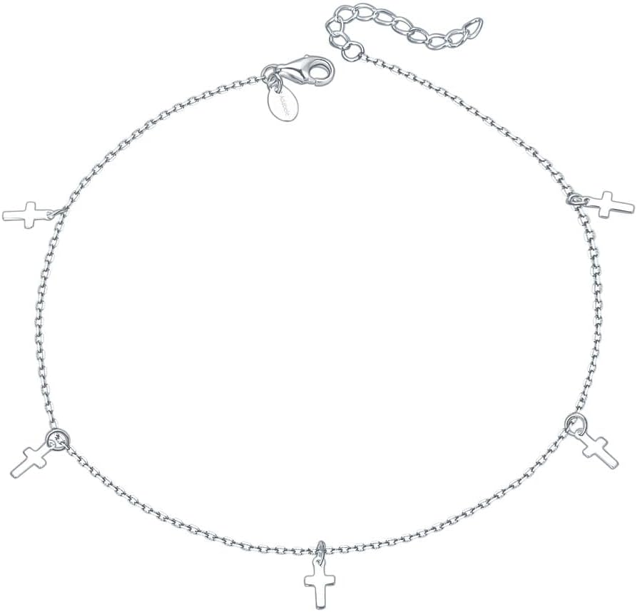 Adabele Solid Sterling Silver 18K White Gold Adjustable Chain Anklet 6mm Cross Sign Pendant 9 10 11 Inch Thin Dainty Hypoallergenic Nickel Free Tarnish Resistant Women Jewelry