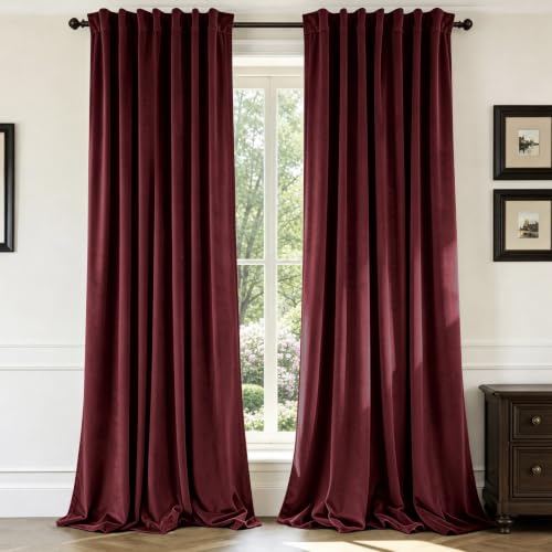 Benedeco Burgundy Red Velvet Blackout Curtains 52x96, 2 Panels