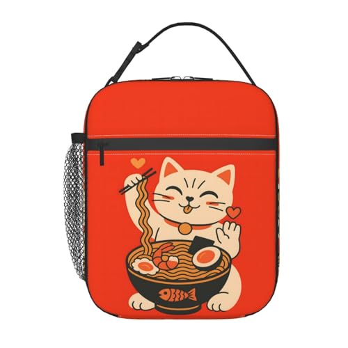 cromcu Ramen Cat Lunch Box for Women Girls, Japanese Noodle Cartoon Kitten Reusable Thermal Insulation Cooler Tote Bags, Cute Food Lover Insulated Bag for School Picnic Camping Outdoor Travel, Gifts