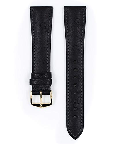 Hirsch Massai Ostrich Leather Watch Strap - Black - L - 18Mm / 16Mm - Shiny Gold Buckle - Ostrich Leather Band #TOP1