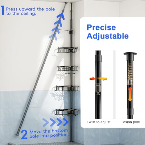 Coonoor WY-LY34-BL-1 Corner Shower Caddy Tension Pole - 62-115 Inch - 4-Tier Rustproof Bathroom Organizer Shelves, Adjustable Bathtub Tub Shampoo Storage thumb #3