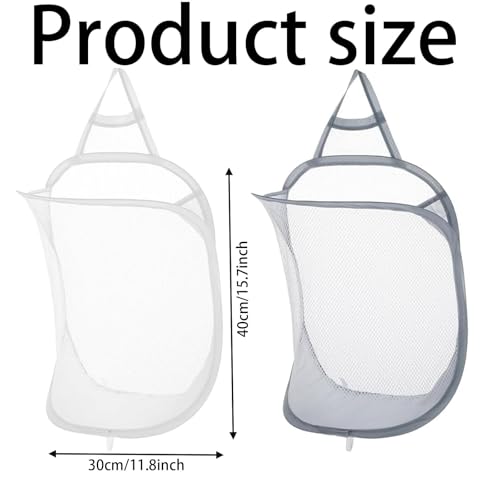 HoAhaMay 2 Stück Hängender Wäschekorb, Wand-Wäschekörbe Faltbarer Mesh Laundry Basket Aufbewahrungskorb auf die Lagerung Pop-Up-Mesh Wäschekorb für Zuhause, Hotel, Reisen, Camping (Weiß/Grau)