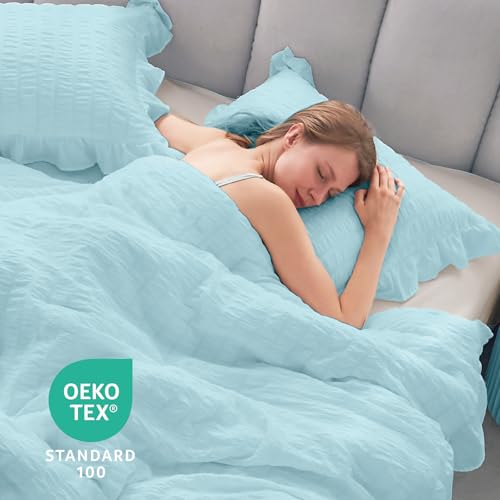 JOLLYVOGUE Light Blue Queen Comforter Set, 3 Pieces Seersucker Comforters Queen Size, Lightweight & Fluffy Bedding Sets for All Season with 1 Ruffle Comforter & 2 Ruffle Pillowshams