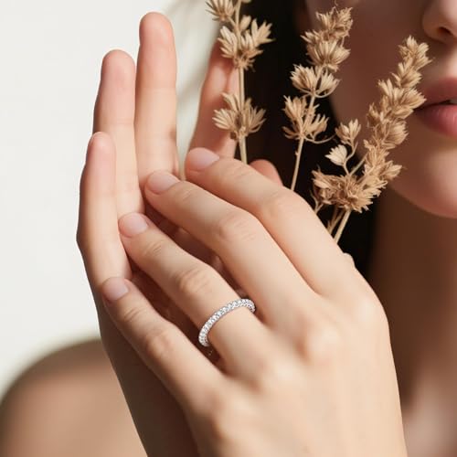 14K White Gold 2mm Eternity Rings for Women, Simulated Diamond Wedding Bands for Anniversary Size 5-93